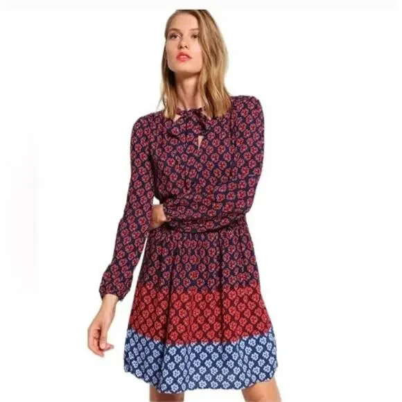⭐️Gap Navy Blue/Red Shamrock Clover Tied Neck Long Sleeve Dress Sz 12 - Picture 1 of 10